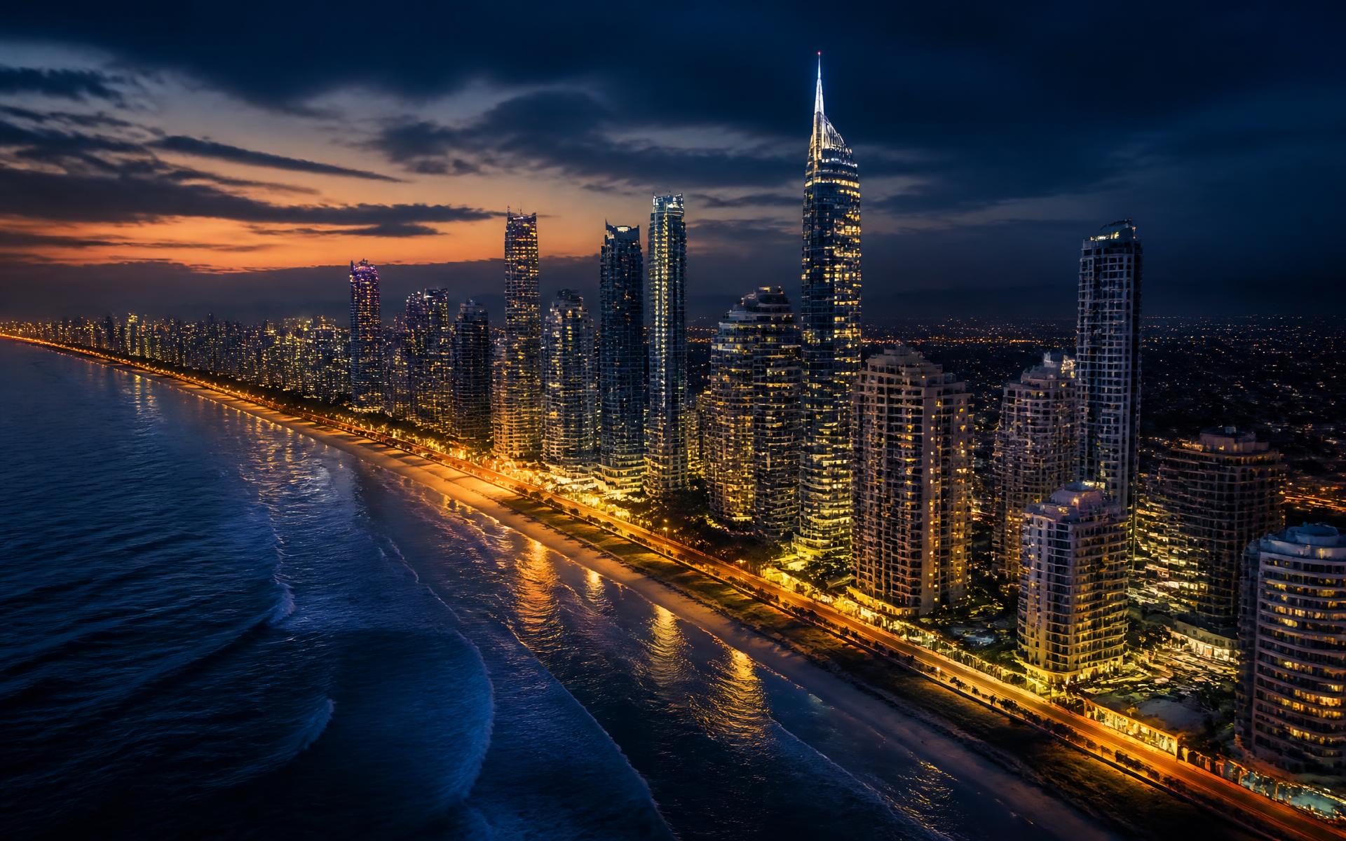 Gold Coast skyline of luxury beachfront towers at dusk